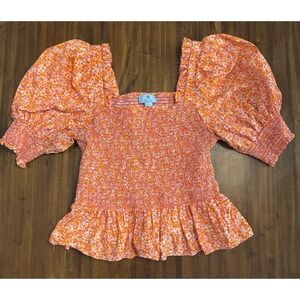 CeCe Puff Sleeve Orange Floral Print Top Square Neck 100% Cotton Size Large